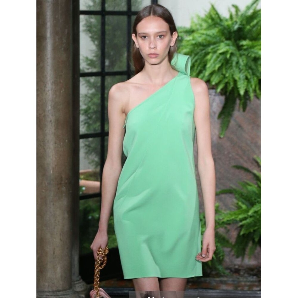 Oscar de la Renta Green Stretch Wool One-Shoulder Dress Size: 4 green